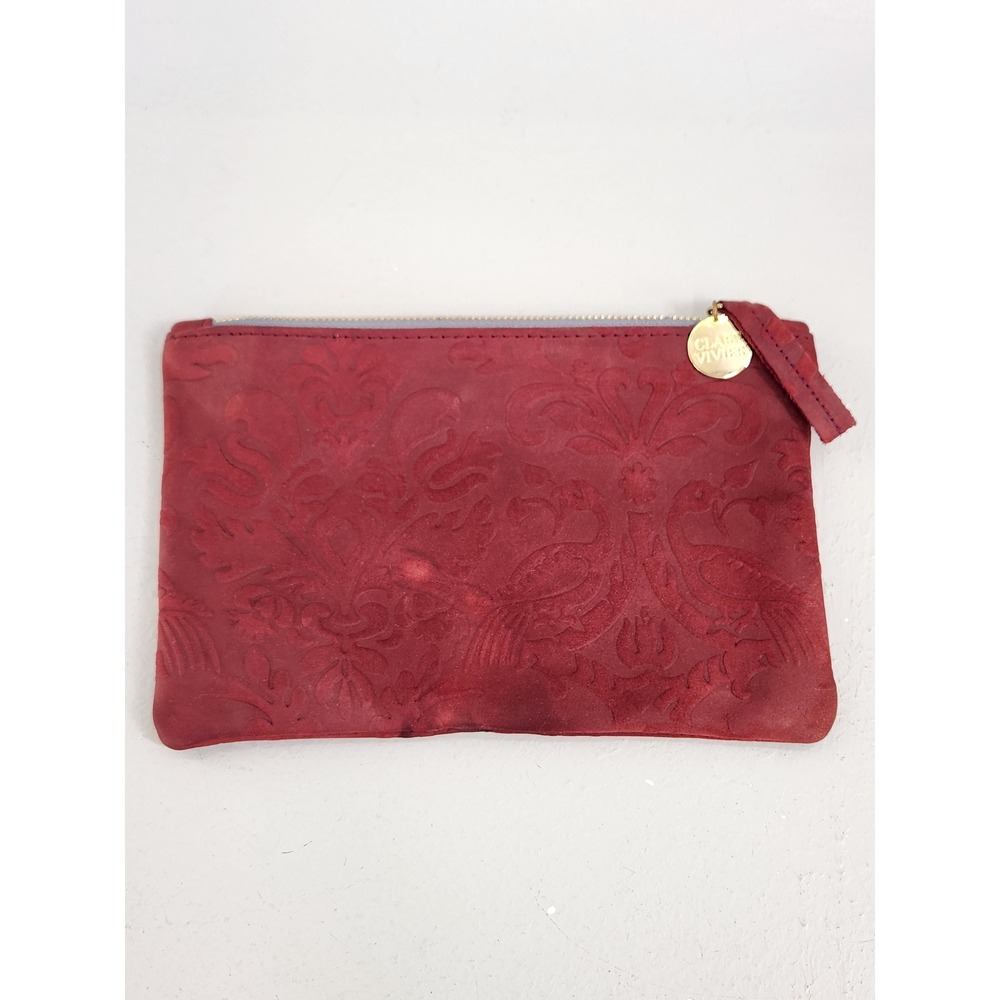 Clare Vivier Pouch Women Small Burgundy Embossed Suede Flat Makeup Bag